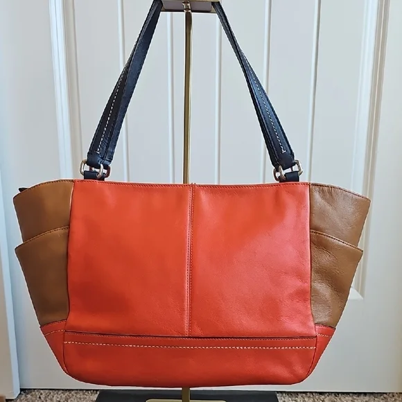 Coach 2013 Park Colorblock Carrie Tote Orange Blue Brown - Picture 6 of 14